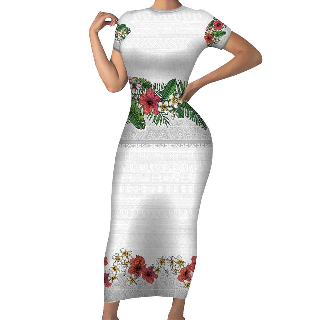 Hawaiian Tropical Flowers and Tribal Polynesian Tattoo Short Sleeve Bodycon Dress White Color