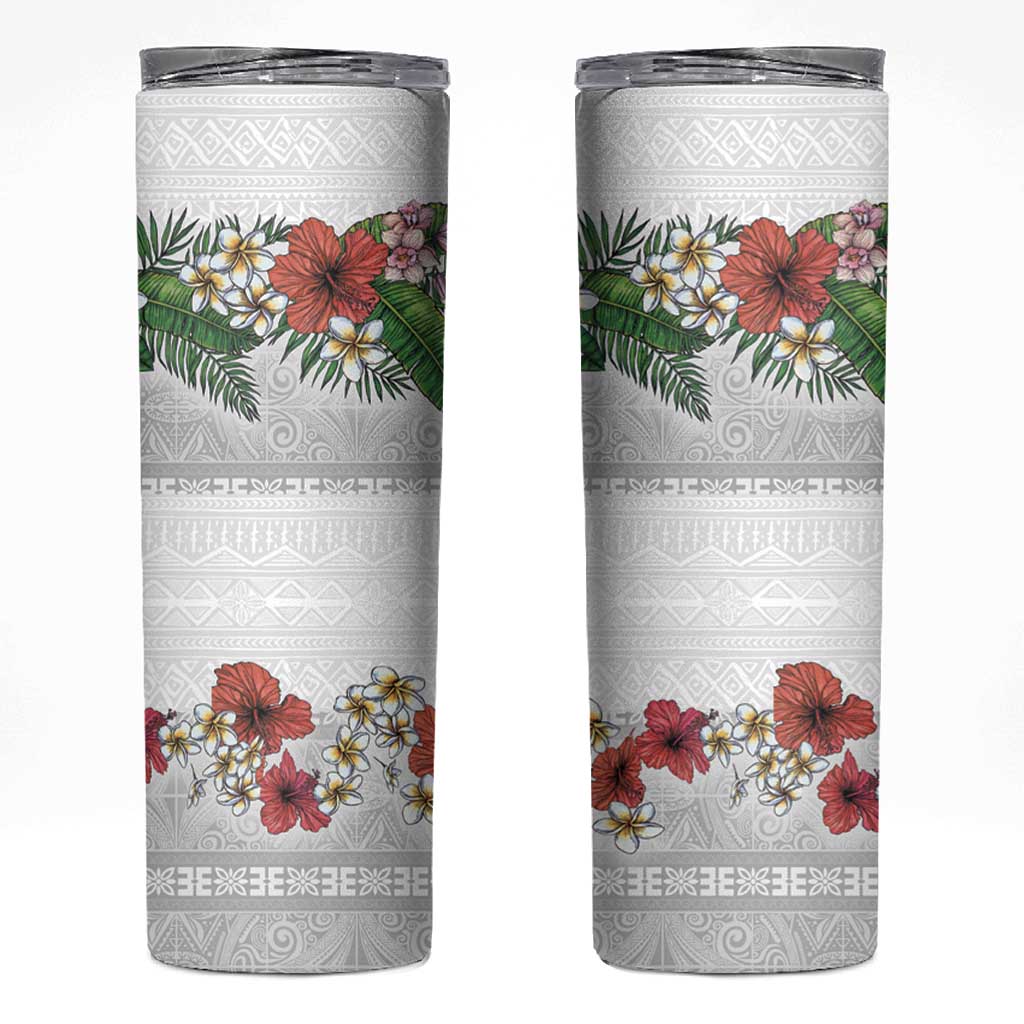 Hawaiian Tropical Flowers and Tribal Polynesian Tattoo Skinny Tumbler White Color