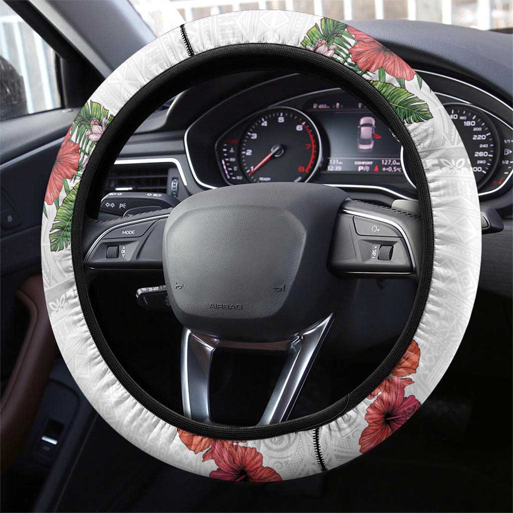 Hawaiian Tropical Flowers and Tribal Polynesian Tattoo Steering Wheel Cover White Color LT03 - Polynesian Pride