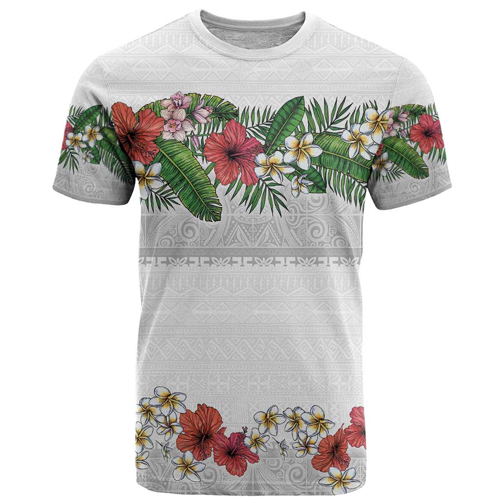 Hawaiian Tropical Flowers and Tribal Polynesian Tattoo T Shirt White Color