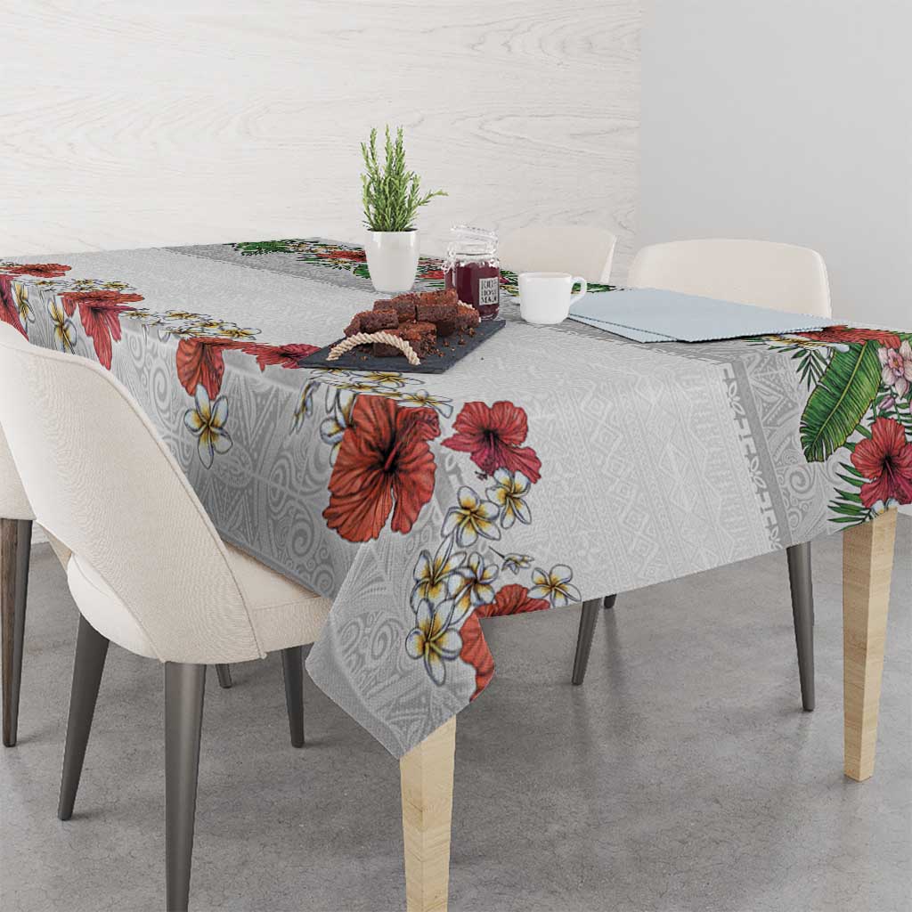 Hawaiian Tropical Flowers and Tribal Polynesian Tattoo Tablecloth White Color LT03 - Polynesian Pride