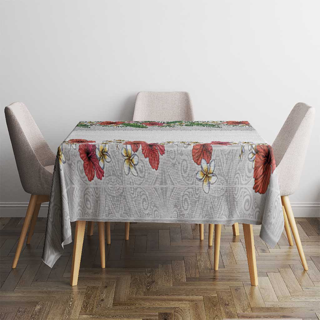 Hawaiian Tropical Flowers and Tribal Polynesian Tattoo Tablecloth White Color LT03 - Polynesian Pride