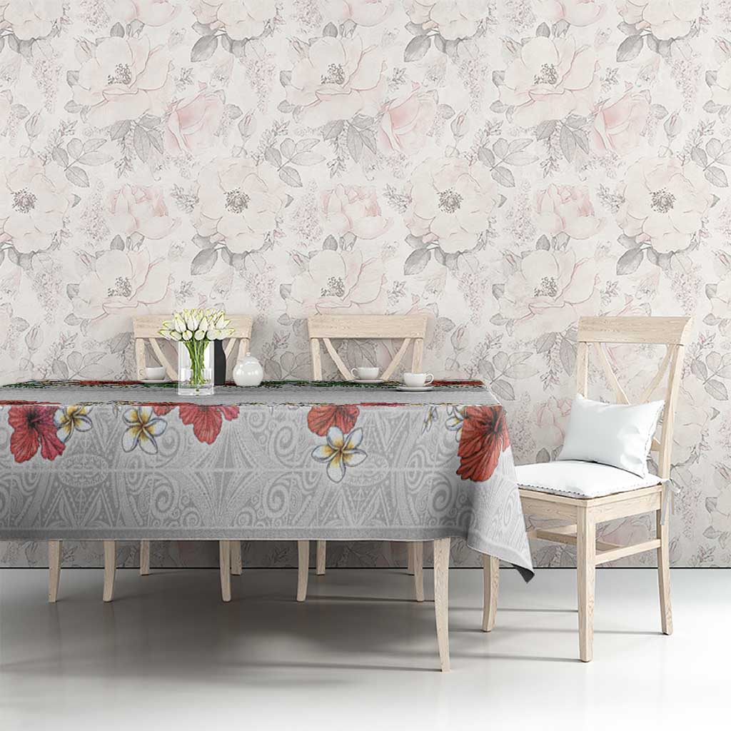 Hawaiian Tropical Flowers and Tribal Polynesian Tattoo Tablecloth White Color LT03 - Polynesian Pride