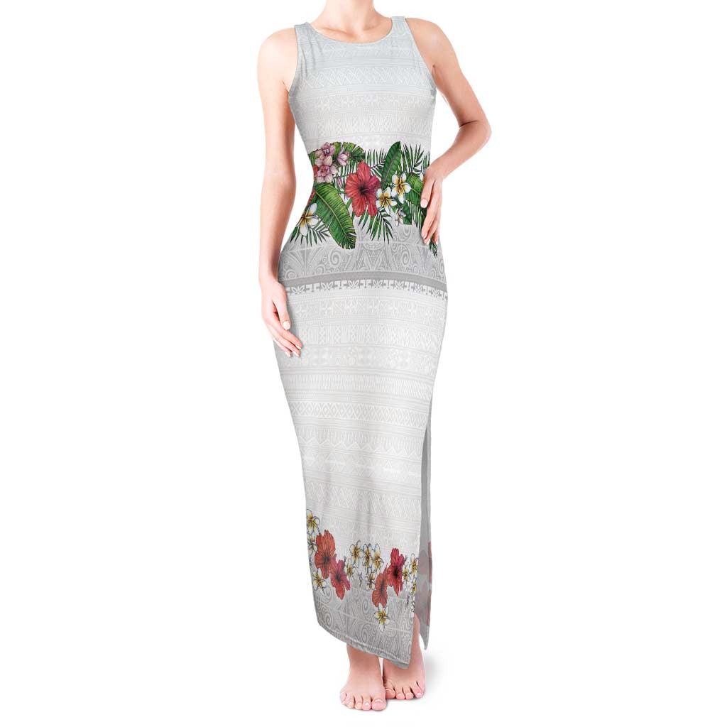 Hawaiian Tropical Flowers and Tribal Polynesian Tattoo Tank Maxi Dress White Color