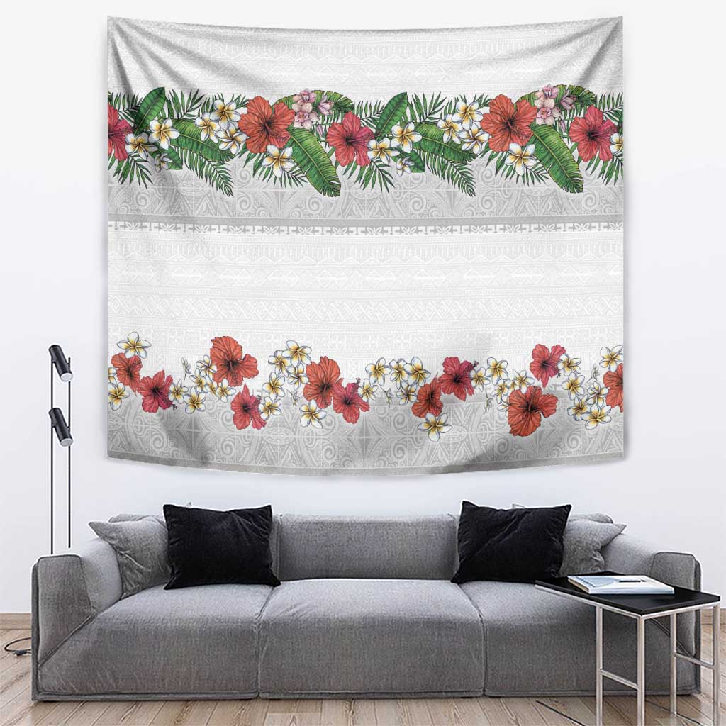 Hawaiian Tropical Flowers and Tribal Polynesian Tattoo Tapestry White Color