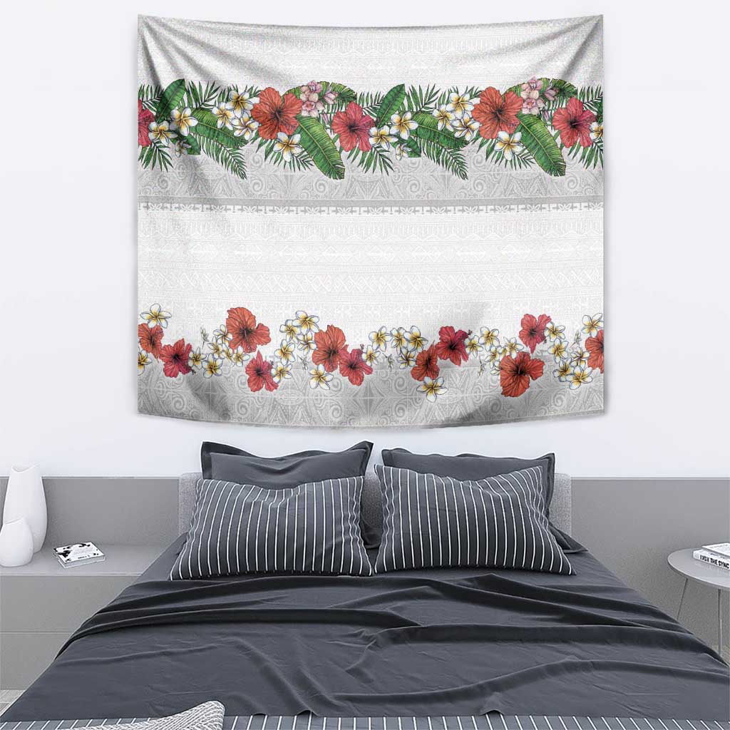 Hawaiian Tropical Flowers and Tribal Polynesian Tattoo Tapestry White Color LT03 - Polynesian Pride