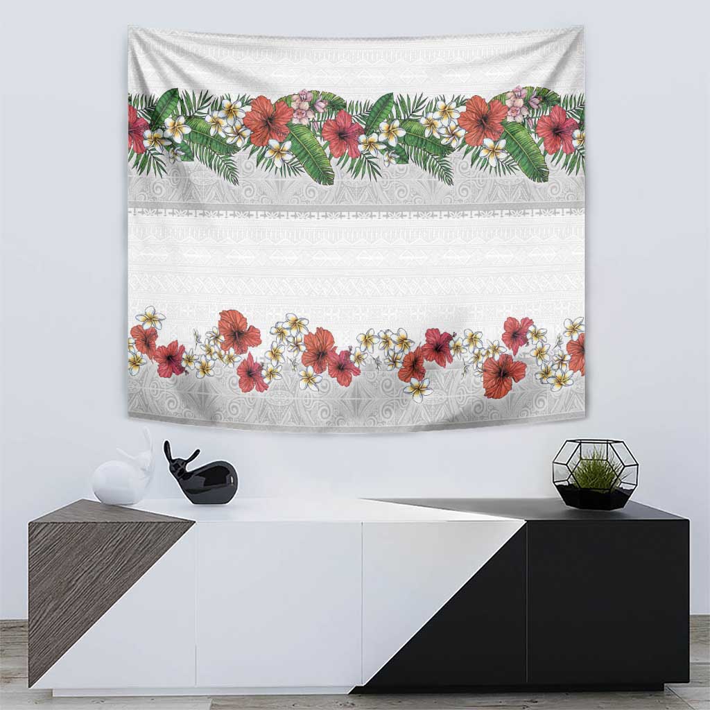 Hawaiian Tropical Flowers and Tribal Polynesian Tattoo Tapestry White Color LT03 - Polynesian Pride