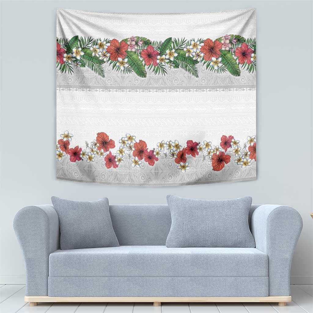 Hawaiian Tropical Flowers and Tribal Polynesian Tattoo Tapestry White Color LT03 - Polynesian Pride