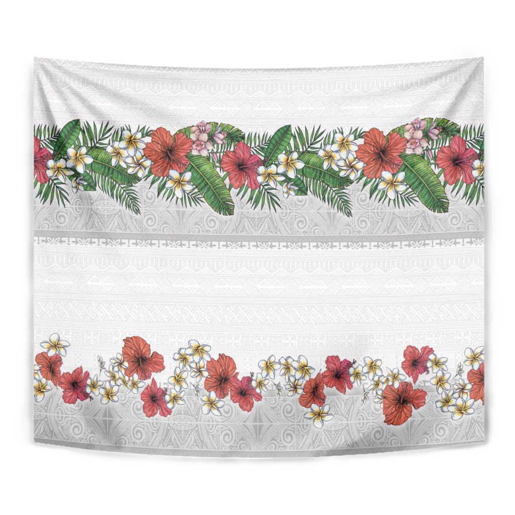 Hawaiian Tropical Flowers and Tribal Polynesian Tattoo Tapestry White Color LT03 - Polynesian Pride