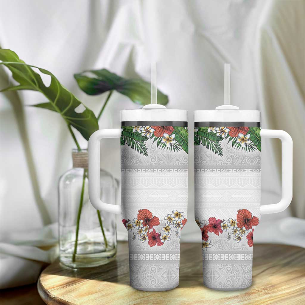 Hawaiian Tropical Flowers and Tribal Polynesian Tattoo Tumbler With Handle White Color