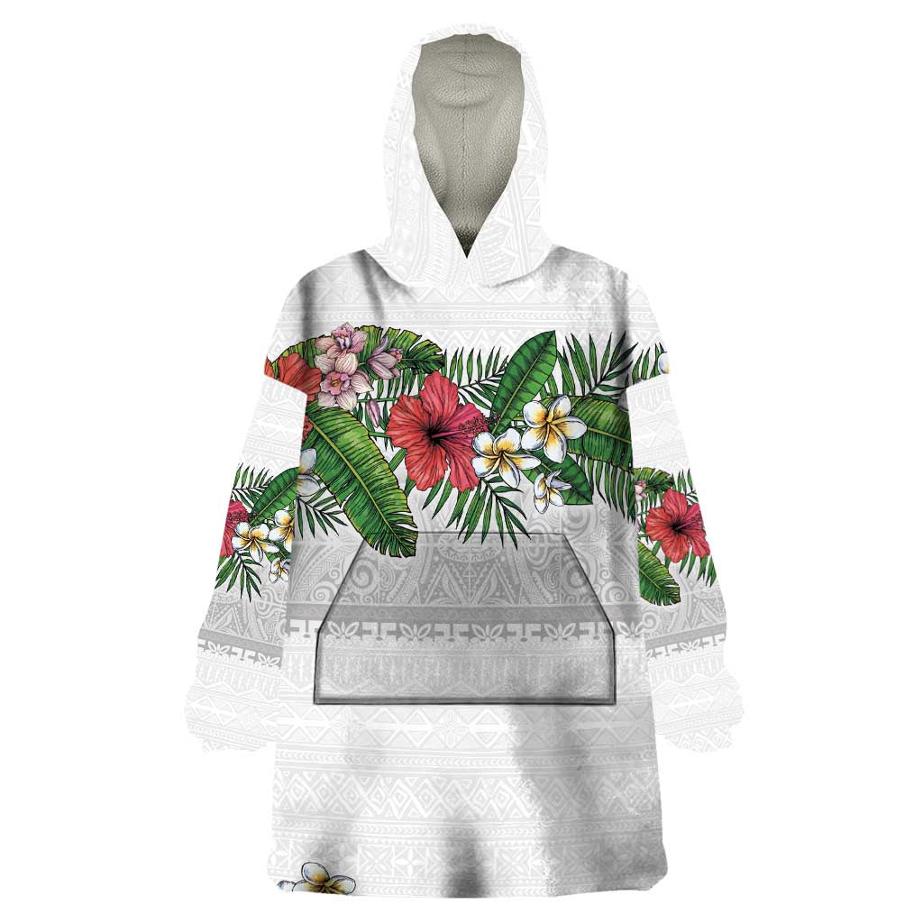 Hawaiian Tropical Flowers and Tribal Polynesian Tattoo Wearable Blanket Hoodie White Color LT03 One Size White - Polynesian Pride