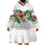 Hawaiian Tropical Flowers and Tribal Polynesian Tattoo Wearable Blanket Hoodie White Color