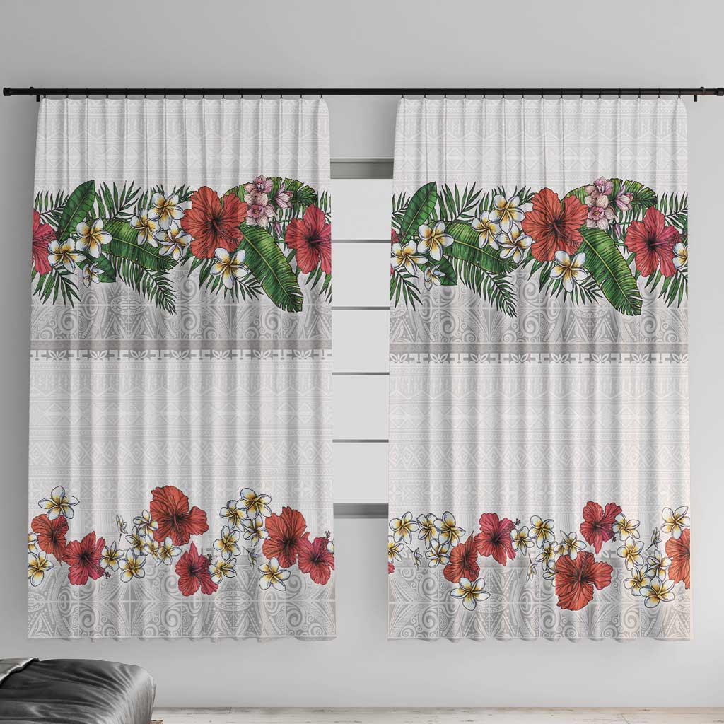 Hawaiian Tropical Flowers and Tribal Polynesian Tattoo Window Curtain White Color LT03 With Hooks White - Polynesian Pride