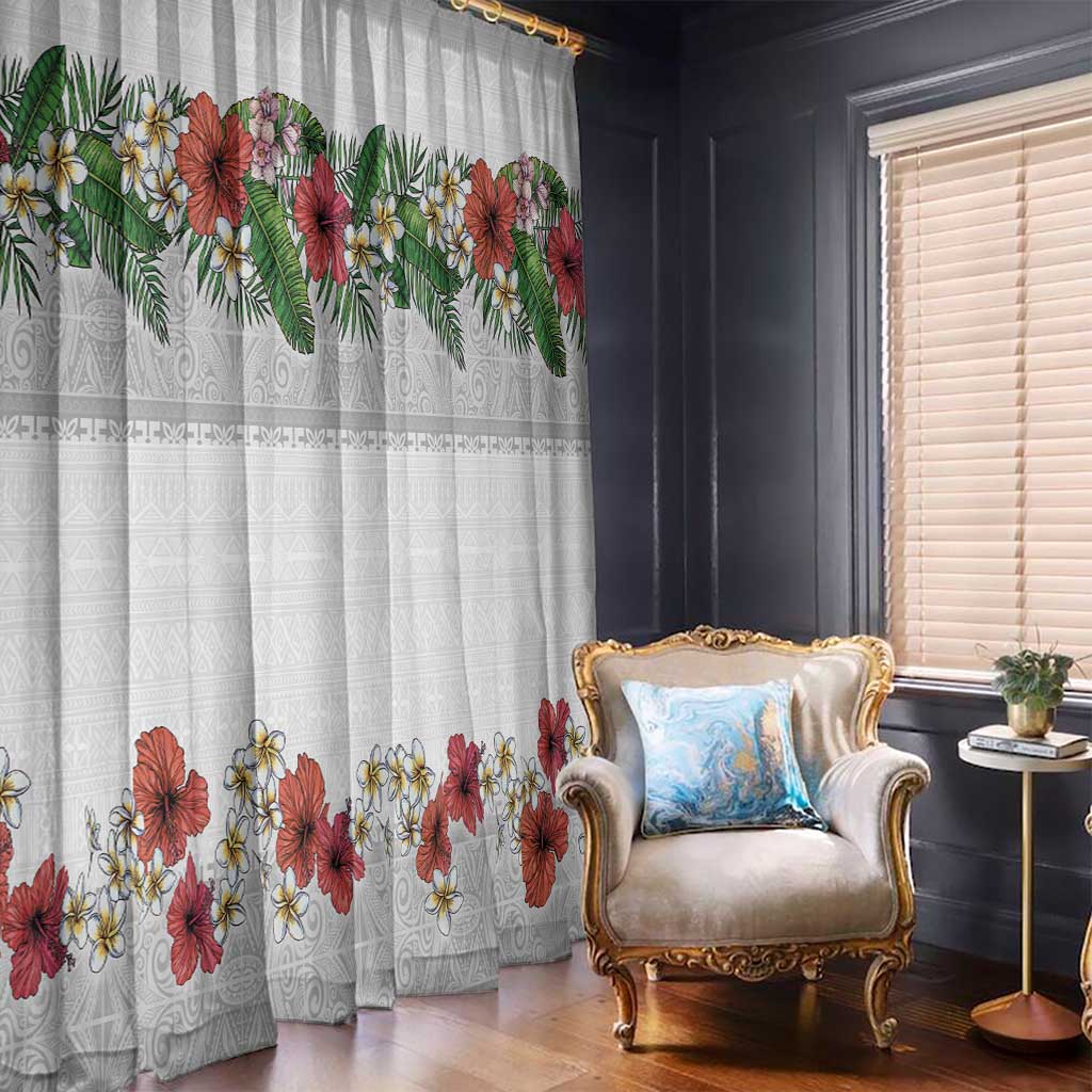 Hawaiian Tropical Flowers and Tribal Polynesian Tattoo Window Curtain White Color LT03 - Polynesian Pride