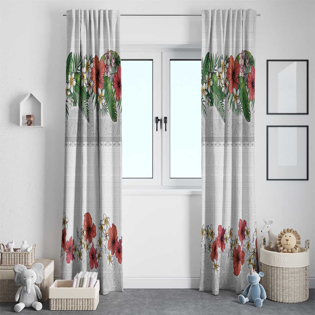 Hawaiian Tropical Flowers and Tribal Polynesian Tattoo Window Curtain White Color LT03 - Polynesian Pride