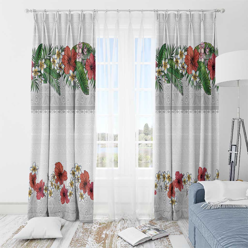 Hawaiian Tropical Flowers and Tribal Polynesian Tattoo Window Curtain White Color LT03 - Polynesian Pride