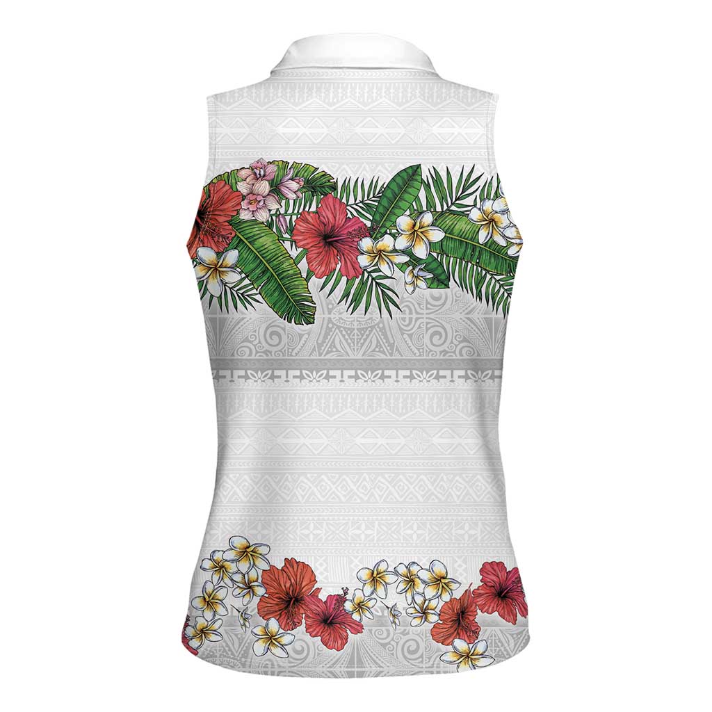 Hawaiian Tropical Flowers and Tribal Polynesian Tattoo Women Sleeveless Polo Shirt White Color