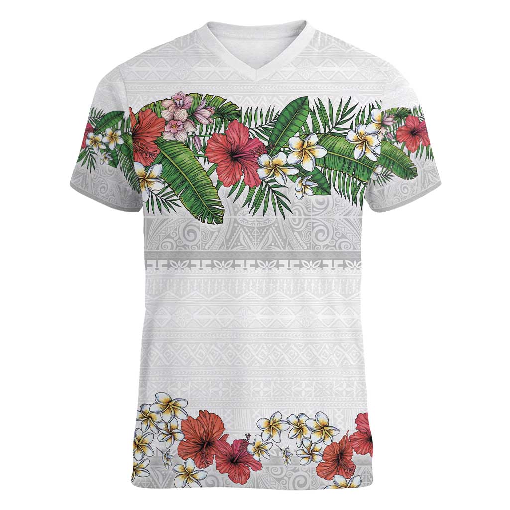 Hawaiian Tropical Flowers and Tribal Polynesian Tattoo Women V-Neck T-Shirt White Color LT03 Female White - Polynesian Pride