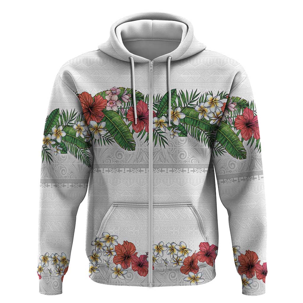 Hawaiian Tropical Flowers and Tribal Polynesian Tattoo Zip Hoodie White Color