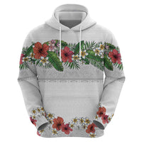 Hawaiian Tropical Flowers and Tribal Polynesian Tattoo Zip Hoodie White Color