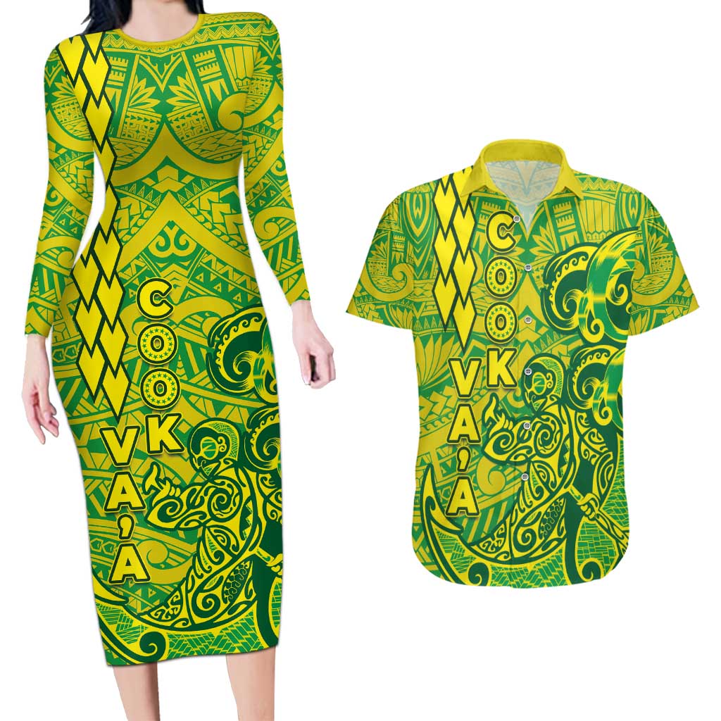 Cook Islands Vaa Polynesian Art Tattoo Couples Matching Long Sleeve Bodycon Dress and Hawaiian Shirt National Color