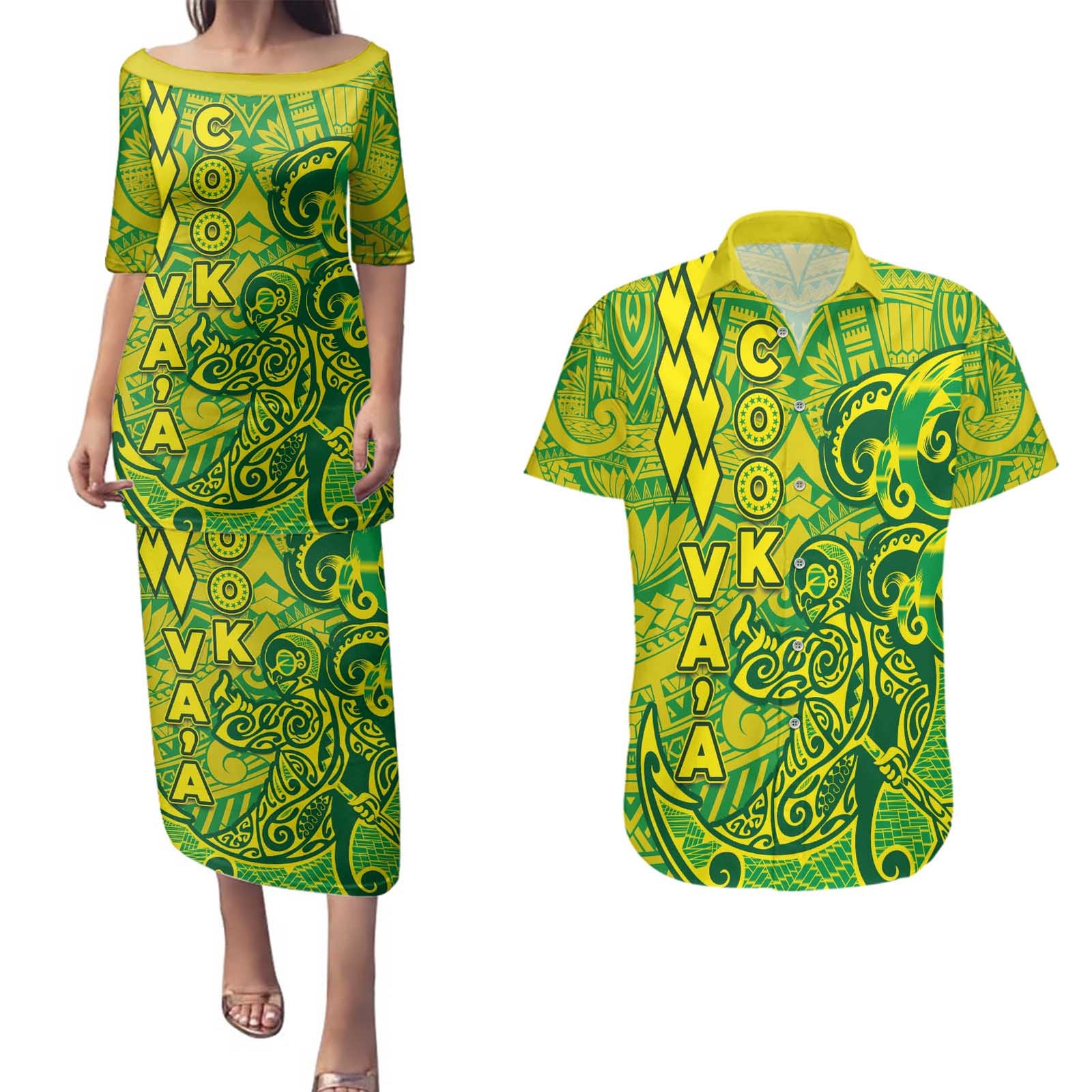 Cook Islands Va'a Polynesian Art Tattoo Couples Matching Puletasi and Hawaiian Shirt National Color LT03 Green - Yellow - Polynesian Pride