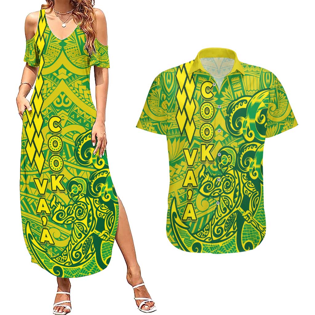 Cook Islands Va'a Polynesian Art Tattoo Couples Matching Summer Maxi Dress and Hawaiian Shirt National Color LT03 Green - Yellow - Polynesian Pride