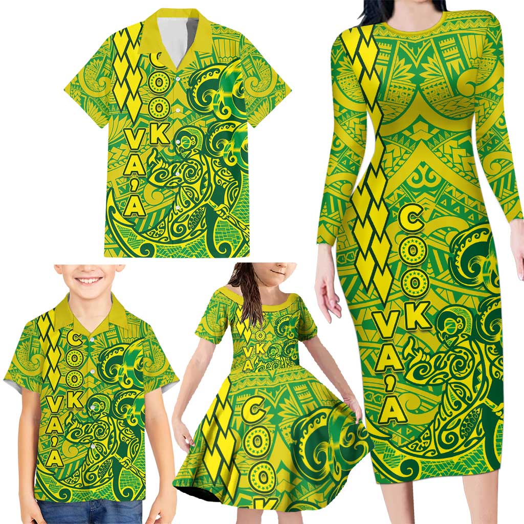 Cook Islands Vaa Polynesian Art Tattoo Family Matching Long Sleeve Bodycon Dress and Hawaiian Shirt National Color