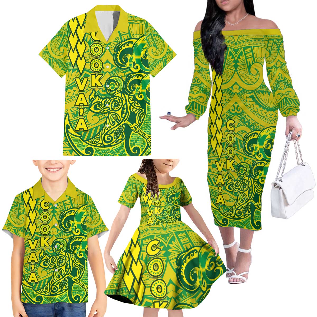 Cook Islands Vaa Polynesian Art Tattoo Family Matching Off The Shoulder Long Sleeve Dress and Hawaiian Shirt National Color