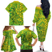 Cook Islands Vaa Polynesian Art Tattoo Family Matching Off The Shoulder Long Sleeve Dress and Hawaiian Shirt National Color
