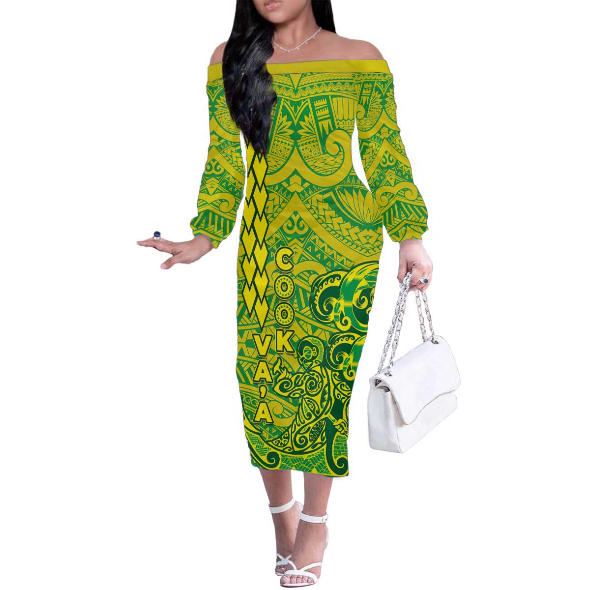 Cook Islands Vaa Polynesian Art Tattoo Family Matching Off The Shoulder Long Sleeve Dress and Hawaiian Shirt National Color
