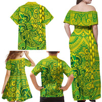 Cook Islands Vaa Polynesian Art Tattoo Family Matching Off Shoulder Maxi Dress and Hawaiian Shirt National Color