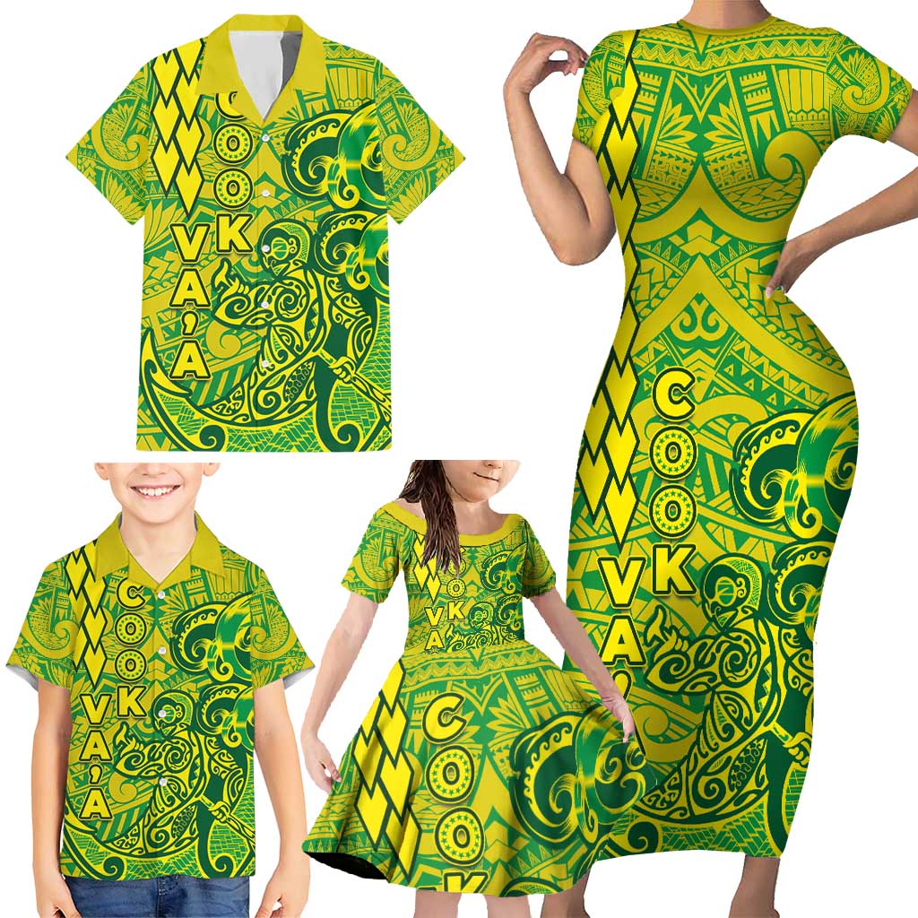 Cook Islands Vaa Polynesian Art Tattoo Family Matching Short Sleeve Bodycon Dress and Hawaiian Shirt National Color