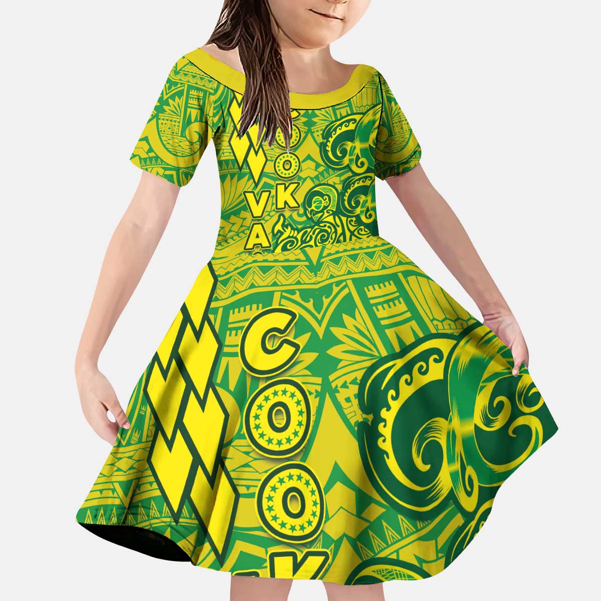 Cook Islands Vaa Polynesian Art Tattoo Kid Short Sleeve Dress National Color