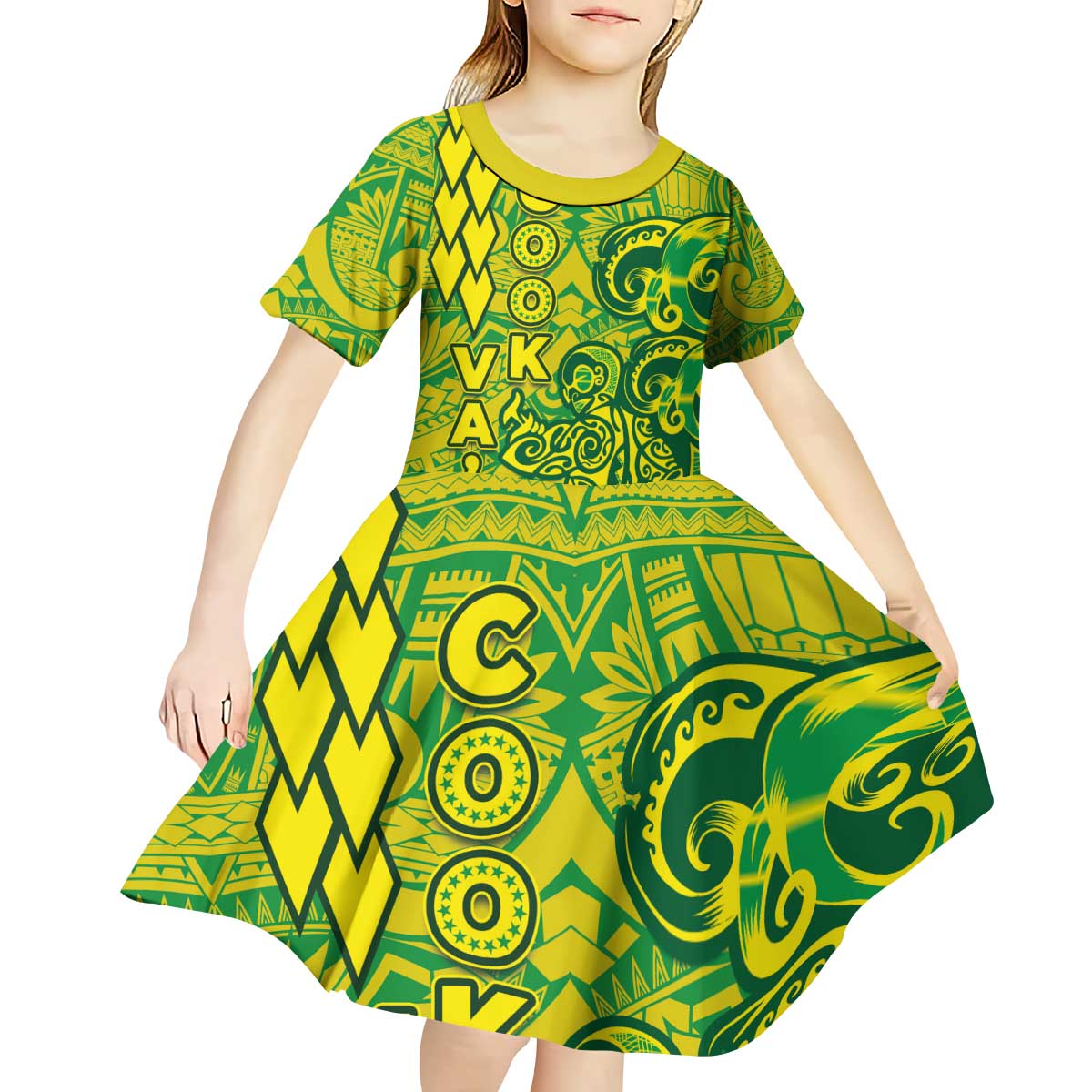 Cook Islands Vaa Polynesian Art Tattoo Kid Short Sleeve Dress National Color