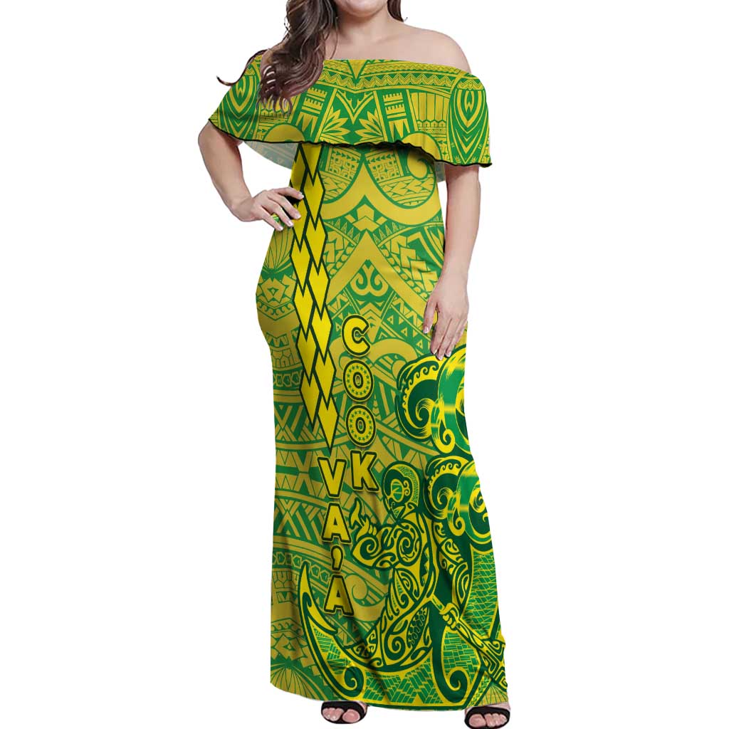 Cook Islands Va'a Polynesian Art Tattoo Off Shoulder Maxi Dress National Color LT03 Women Green - Yellow - Polynesian Pride