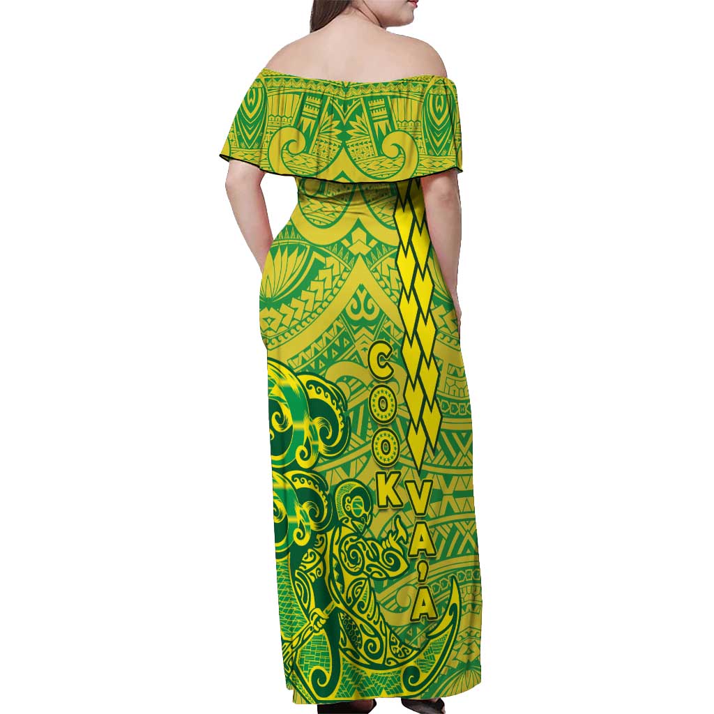 Cook Islands Va'a Polynesian Art Tattoo Off Shoulder Maxi Dress National Color LT03 - Polynesian Pride