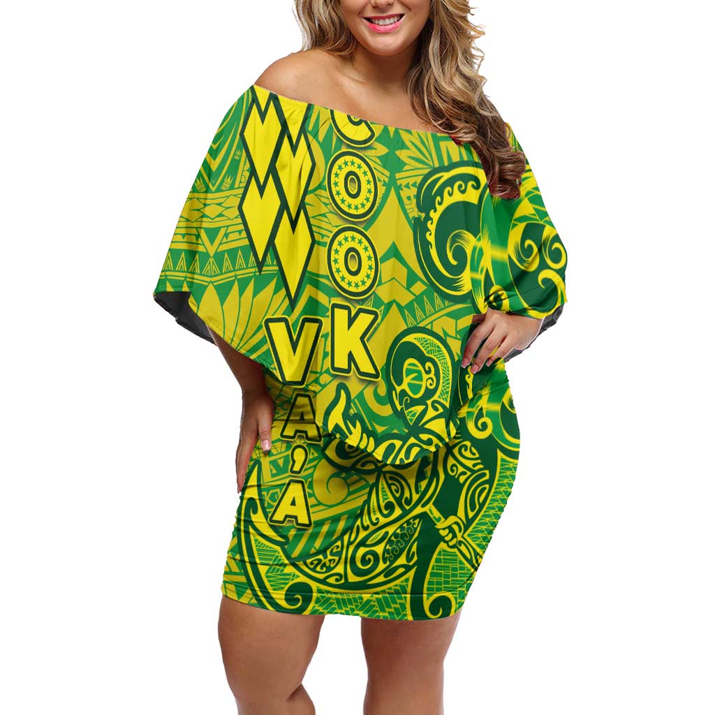 Cook Islands Va'a Polynesian Art Tattoo Off Shoulder Short Dress National Color LT03 Women Green - Yellow - Polynesian Pride
