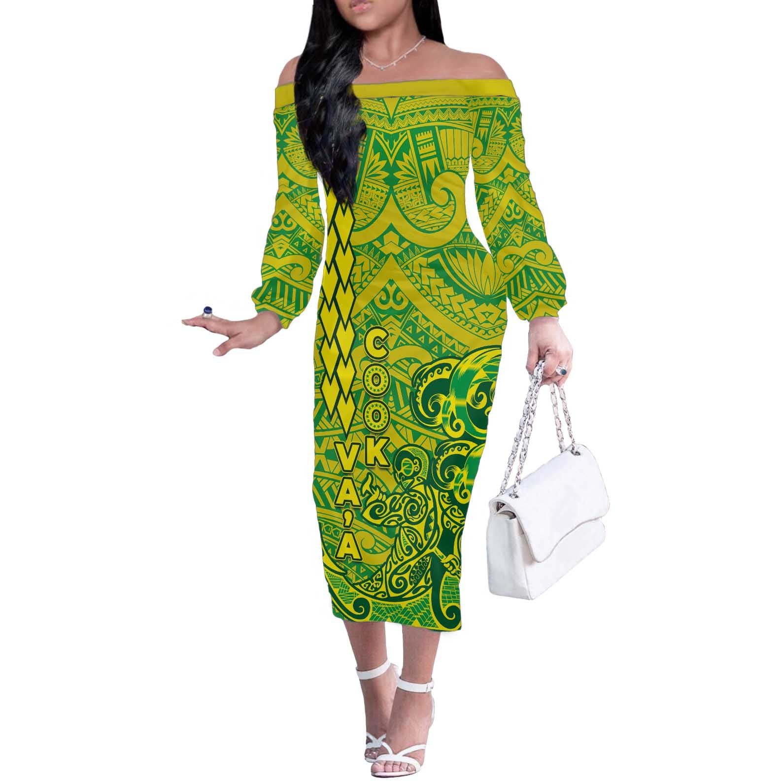 Cook Islands Vaa Polynesian Art Tattoo Off The Shoulder Long Sleeve Dress National Color