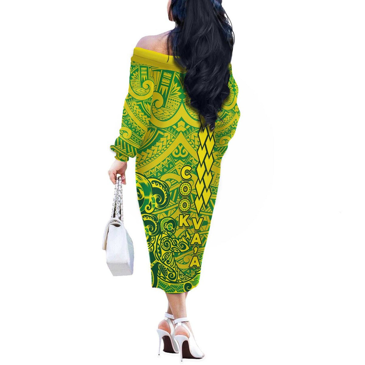 Cook Islands Vaa Polynesian Art Tattoo Off The Shoulder Long Sleeve Dress National Color