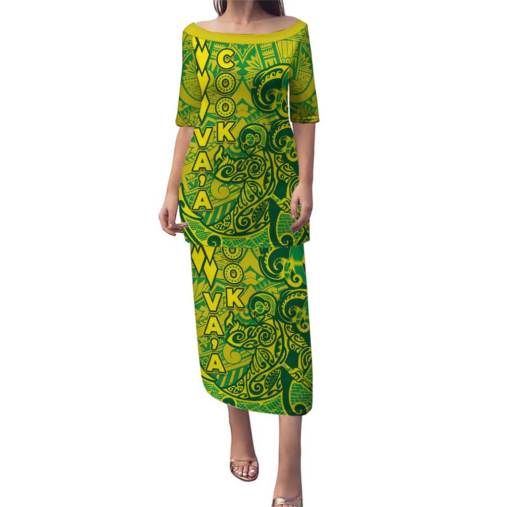 Cook Islands Va'a Polynesian Art Tattoo Puletasi National Color LT03 Long Dress Green - Yellow - Polynesian Pride