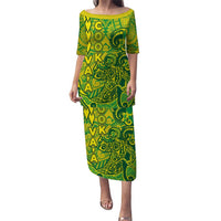 Cook Islands Va'a Polynesian Art Tattoo Puletasi National Color LT03 Long Dress Green - Yellow - Polynesian Pride
