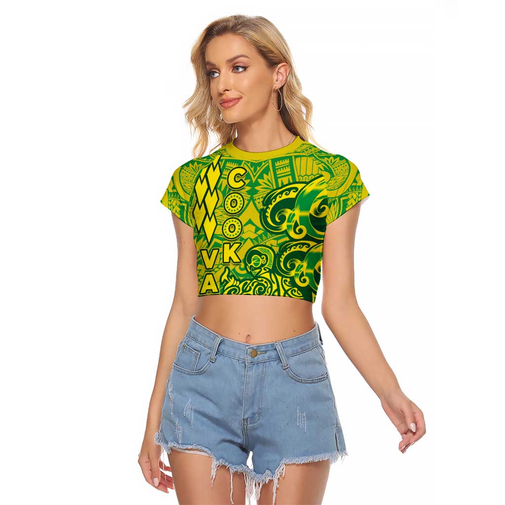 Cook Islands Va'a Polynesian Art Tattoo Raglan Cropped T Shirt National Color LT03 Female Green - Yellow - Polynesian Pride