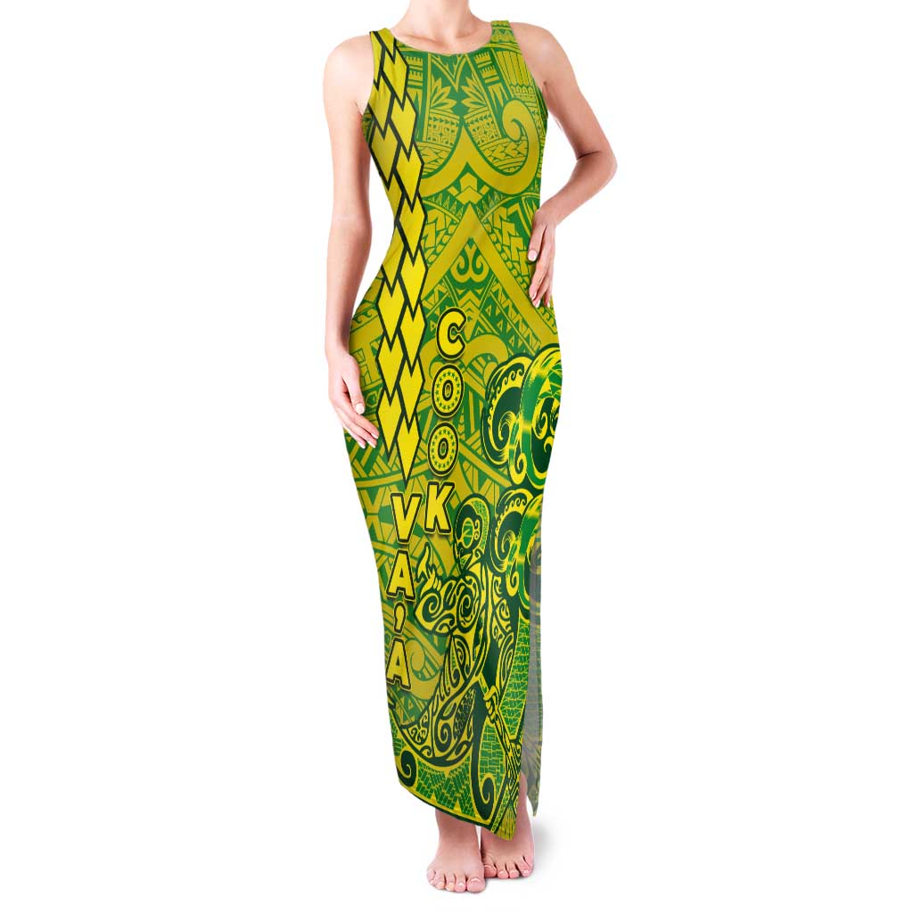 Cook Islands Va'a Polynesian Art Tattoo Tank Maxi Dress National Color LT03 Women Green - Yellow - Polynesian Pride