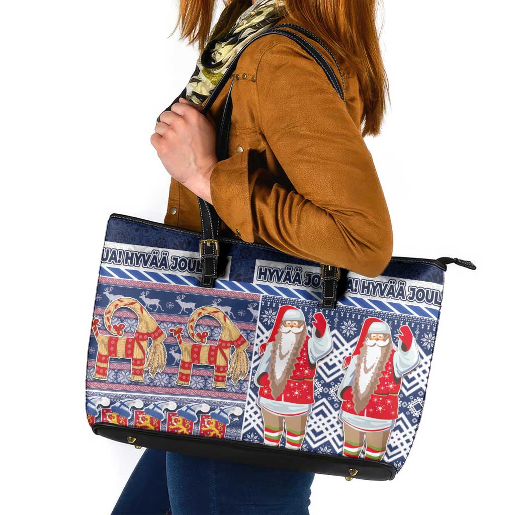 Yule Goat Joulupukki Finnish Christmas Leather Tote Bag Scandinavian Pattern LT03 Blue - Polynesian Pride
