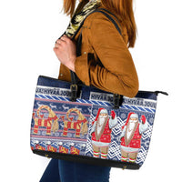Yule Goat Joulupukki Finnish Christmas Leather Tote Bag Scandinavian Pattern LT03 Blue - Polynesian Pride