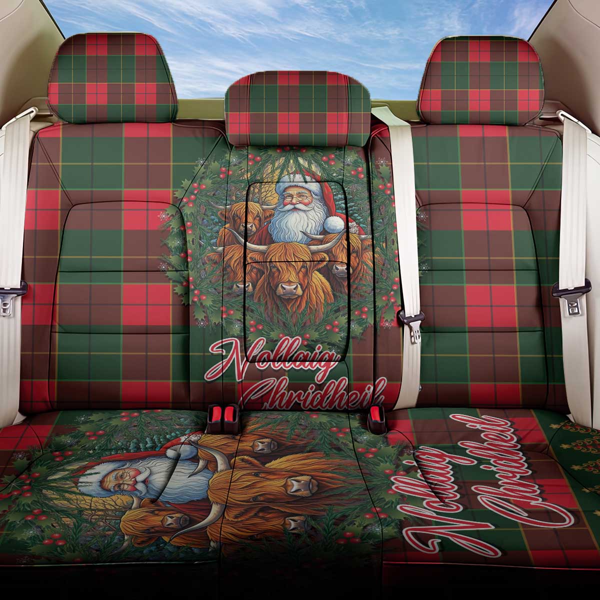 Santa and Higland Cows Scottish Christmas Back Car Seat Cover Tartan Pattern