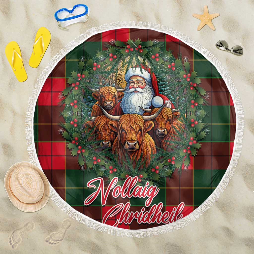 Santa and Higland Cows Scottish Christmas Beach Blanket Tartan Pattern