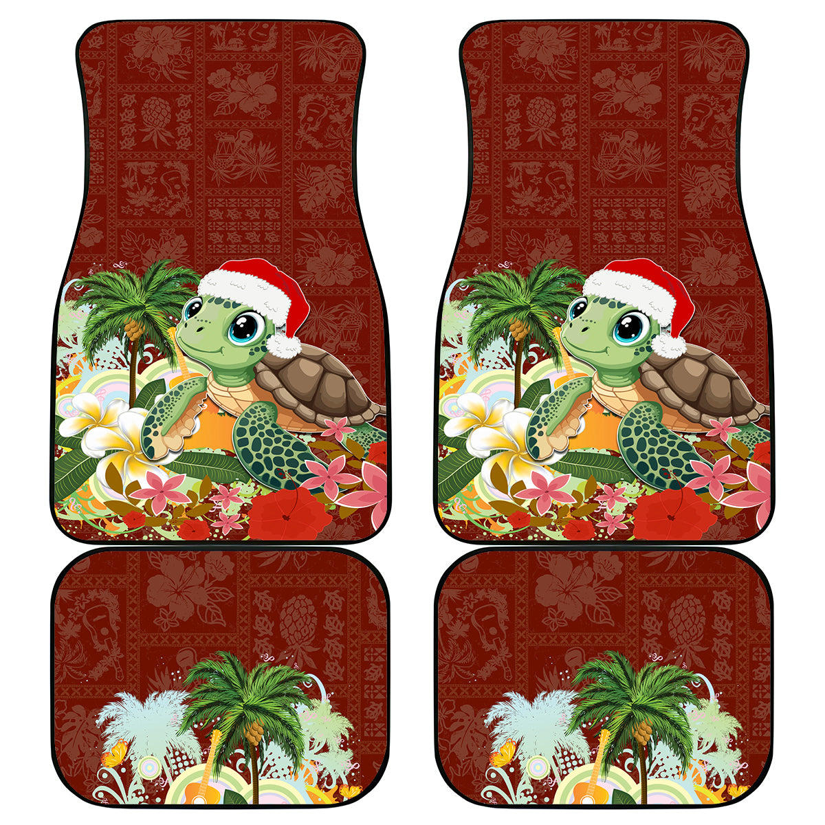 Hawaii Honu Mele Kalikimaka Car Mats Santa Tropical Flower Aloha Summer Red Version LT03 Red - Polynesian Pride