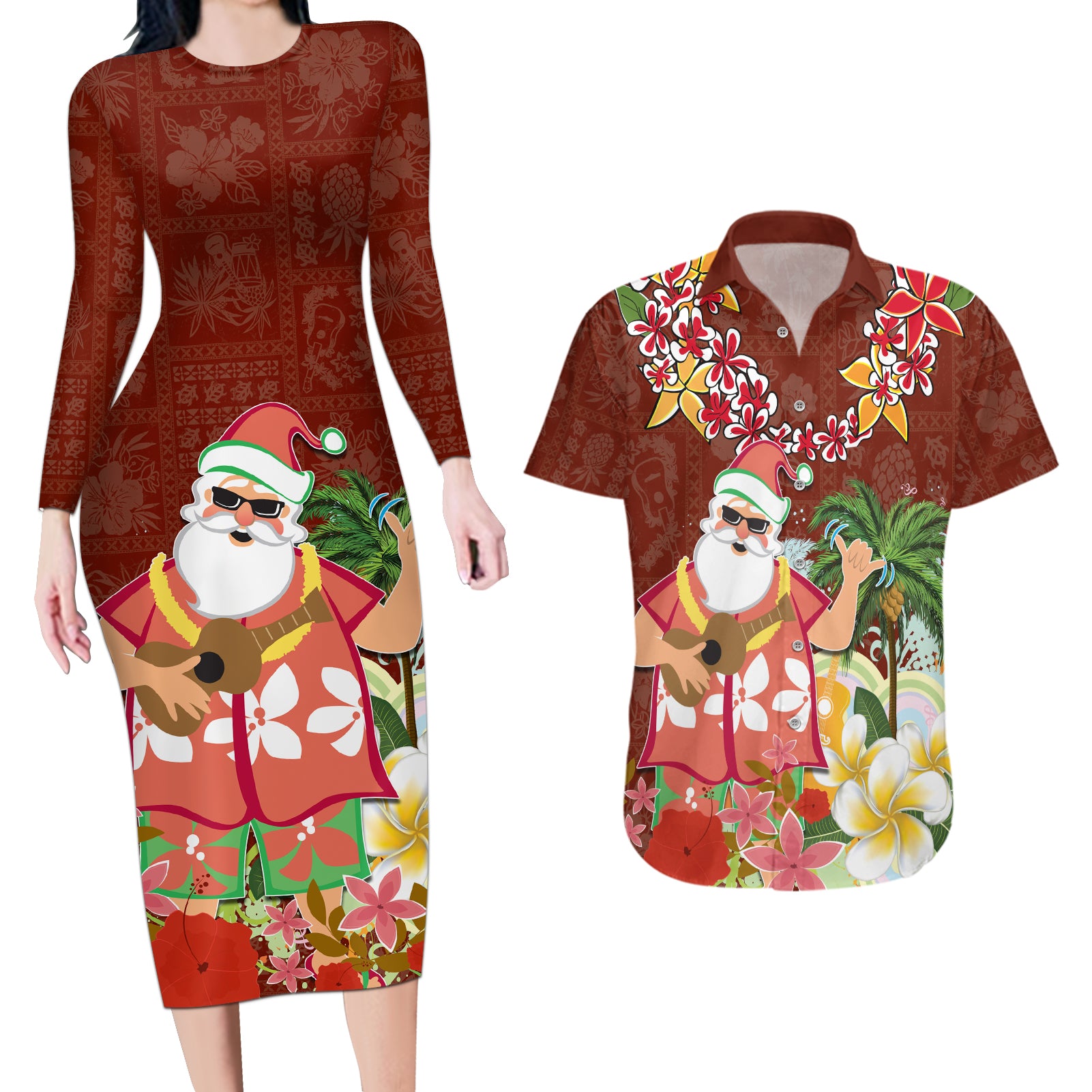 Hawaii Honu Mele Kalikimaka Couples Matching Long Sleeve Bodycon Dress and Hawaiian Shirt Santa Tropical Flower Aloha Summer Red Version LT03 Red - Polynesian Pride